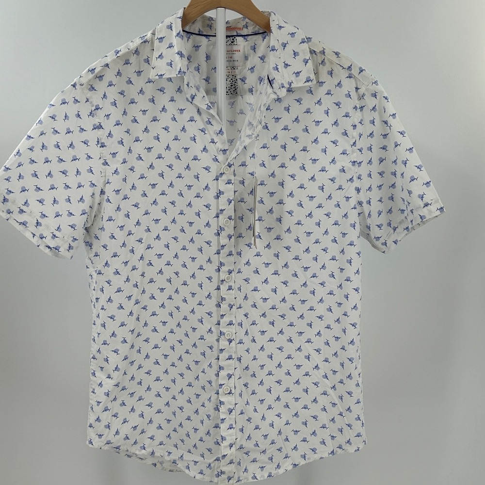 Cornflower Little Atlantic Fish Print Button Up Shirt Mens L White Blue Costal